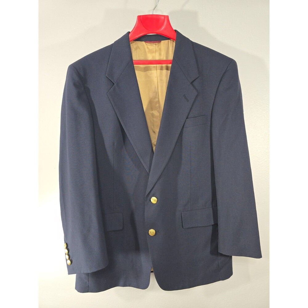 Hart Schaffner & Marx Mens 42R Blazer Navy Blue Gold Buttons Union Made USA